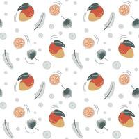 Seamless background with mango and orange. Cute simple pattern with tropical doodle fruits. vector