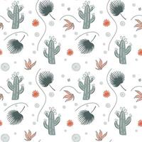 Seamless background with sketch cactus and palm leaf. Cute simple pattern with tropical doodle elements. vector