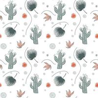 Seamless background with sketch cactus and palm leaf. Cute simple pattern with tropical doodle elements. vector