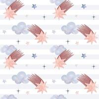 Seamless pattern with watercolor comet and star. Cute childish wallpaper. Vector background in pastel colors