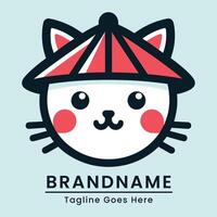 white cat wearing red hat logo simple and flat Japanese style joyful color white and red for branding vector