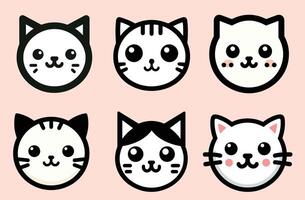 cute cat heads set for clip art stickers and logos in a flat modern simple and soft Japanese theme vector