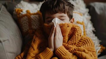 AI generated Detailed close up of a sick young boy using a tissue to blow his nose in a focused shot photo