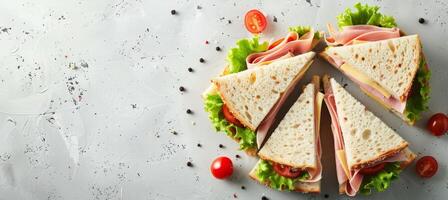AI generated Triangle ham, cheese, and tomato sandwich with salad on white background, copy space for text photo