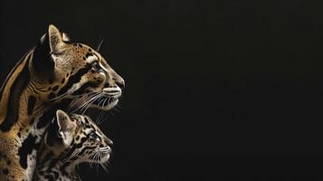 ai generado nublado leopardo y cachorro retrato con espacio para texto, objeto en lado, Perfecto para agregando información foto