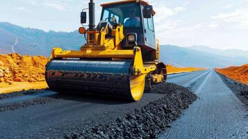 AI generated Yellow road roller compacting new asphalt on freshly laid road for smooth surface photo