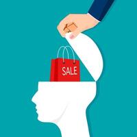 Open a human head and a bag of sales. sales ideas vector