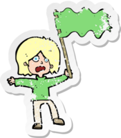 retro distressed sticker of a cartoon woman waving green flag png