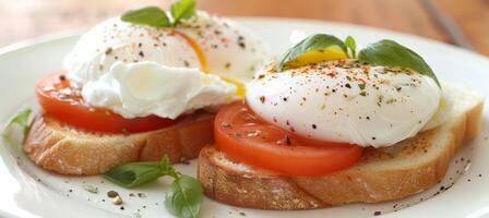 AI generated Artistic presentation of gourmet sandwich with poached eggs in professional food photography photo