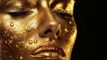 AI generated Golden paint smudges on model s face, lips, and nails with metallic skin makeup and lip gloss drips photo