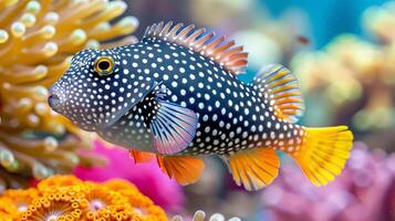 AI generated Colorful pufferfish swimming among vibrant corals in a saltwater aquarium environment photo