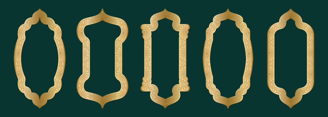 Gold ornamental arch frame shape Islamic door or window with geometric girikh pattern, silhouette Arabic arch. Luxury set in oriental style. Frames in Arabic Muslim design for Ramadan Kareem. Vector