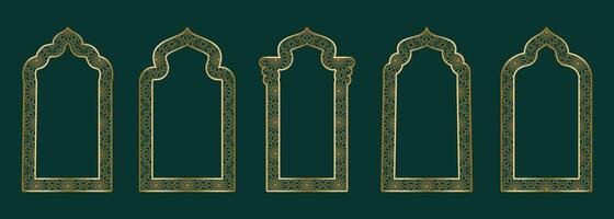 Gold ornamental arch frame shape Islamic door or window with geometric girikh pattern, silhouette Arabic arch. Luxury set in oriental style. Frames in Arabic Muslim design for Ramadan Kareem. Vector