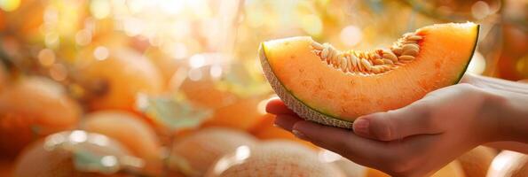 AI generated Hand holding cantaloupe slice with selection on blurred background, copy space available photo