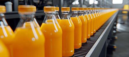 AI generated Fruit juice beverage production line on conveyor belt in a modern drink manufacturing factory photo