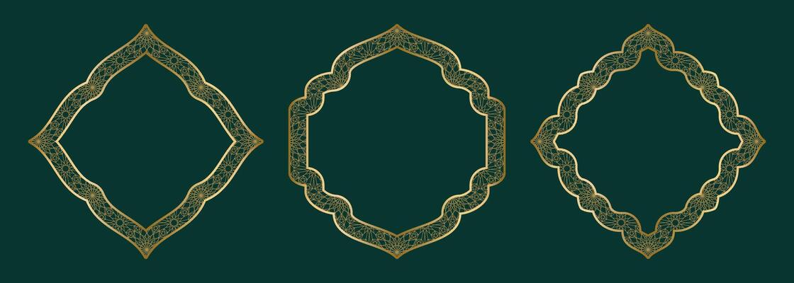 Gold geometric ornamental frame, round and square shapes Islamic window with girikh pattern, silhouette Arabic rhombus. Luxury set in oriental style. Frames in Arabic Muslim design vector illustration