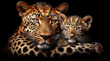 AI generated Male leopard and cub portrait, ample space on left for text, object positioned on the right side photo