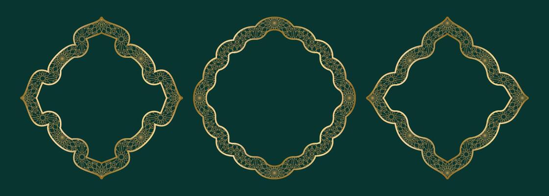 Gold geometric ornamental frame, round and square shapes Islamic window with girikh pattern, silhouette Arabic rhombus. Luxury set in oriental style. Frames in Arabic Muslim design vector illustration