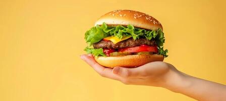 AI generated Hands holding delicious burger on yellow background with spacious area for adding text photo