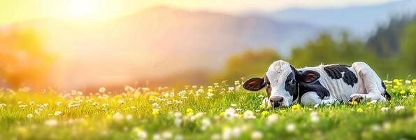 AI generated Young calf in daisy field on sunny summer day   serene farm scene with cow grazing photo