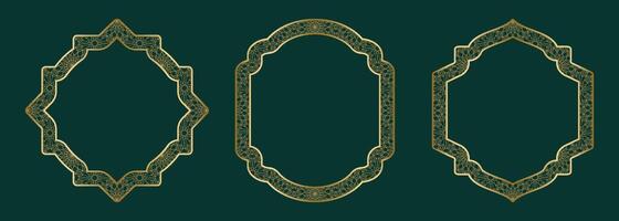 Gold geometric ornamental frame, round and square shapes Islamic window with girikh pattern, silhouette Arabic rhombus. Luxury set in oriental style. Frames in Arabic Muslim design vector illustration