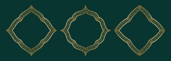 Gold geometric ornamental frame, round and square shapes Islamic window with girikh pattern, silhouette Arabic rhombus. Luxury set in oriental style. Frames in Arabic Muslim design vector illustration