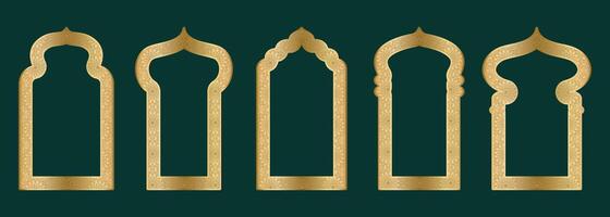 Gold ornamental arch frame shape Islamic door or window with geometric girikh pattern, silhouette Arabic arch. Luxury set in oriental style. Frames in Arabic Muslim design for Ramadan Kareem. Vector