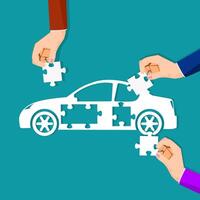 Businessmen work together to solve a car puzzle vector