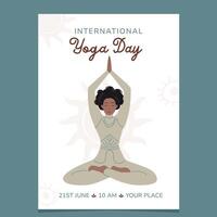 internacional yoga día volantes póster modelo con africano americano mujer vector