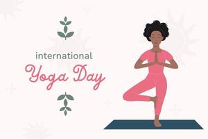 internacional yoga día antecedentes. africano americano mujer vector