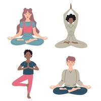 Collection of international people sitting in yoga pose vector