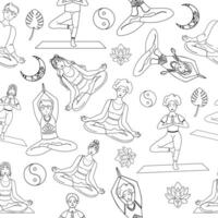 Seamless pattern outline of people sitting in yoga pose vector