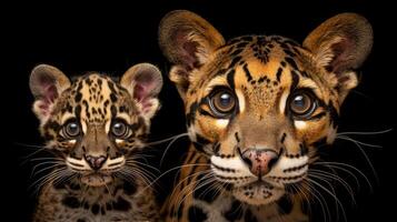 AI generated Male clouded leopard and cub pose together, space for text on left, object on right photo