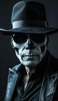 AI generated Day of the dead skeleton face painting backdrop with empty space for customized text inscription photo