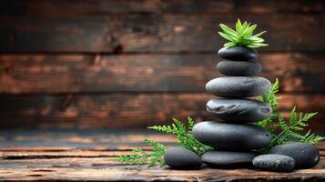 AI generated Minimalist zen garden with balanced thuja branches and stones for a calm atmosphere photo