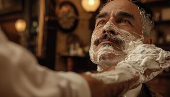 AI generated Barber s hands applying shaving cream  textured lather and bubbles in vintage barber shop photo