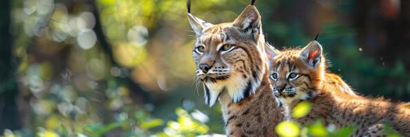 ai generado masculino lince y cachorro retrato con amplio espacio en izquierda para texto, objeto en Derecha lado foto