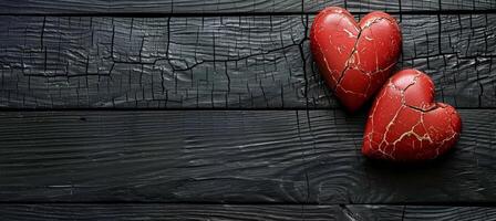 AI generated Cracked red heart on dark wooden background, symbolizing emotional concept and love theme photo