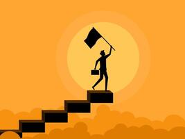 Businessman holds a flag on the top step of the stairs vector