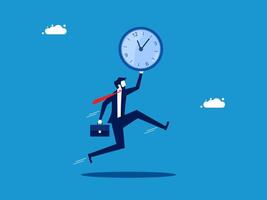 Businessman running holding a time clock vector