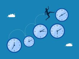 Businessman running on a group of clocks telling time vector