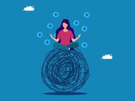 woman meditates and controls emotions while solving a problem or difficulty vector