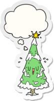 cartone animato Natale albero con pensato bolla come un' stampato etichetta png