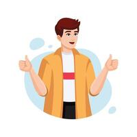 Happy Young Man Shows thumbs up. Person show Thumb Up Sign. Male Character with Positive Face Expression. Approval concept. Likes on social networks. Vector flat illustration cartoon style.