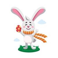 Easter rabbit, bunny, hare wearing orange scarf shows Thumb Up Sign, painted egg. Vector digital illustration. Flat design. Cartoon style. Easter character, mascot. Egg hunt concept