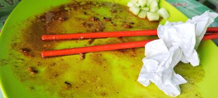 Close up view of a photo of the plate after eating, you can see several dirty tissue sheets and a pair of eating used chopsticks.