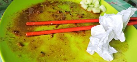 Close up view of a photo of the plate after eating, you can see several dirty tissue sheets and a pair of eating used chopsticks.