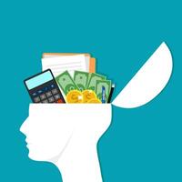 Head and finance. Open the brain of a businessman with a pile of money vector