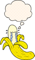 cartoon crying banana with thought bubble in comic book style png