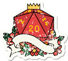 grunge sticker of a natural twenty D20 dice roll png